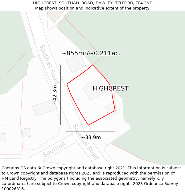 HIGHCREST, SOUTHALL ROAD, DAWLEY, TELFORD, TF4 3ND: Plot and title map
