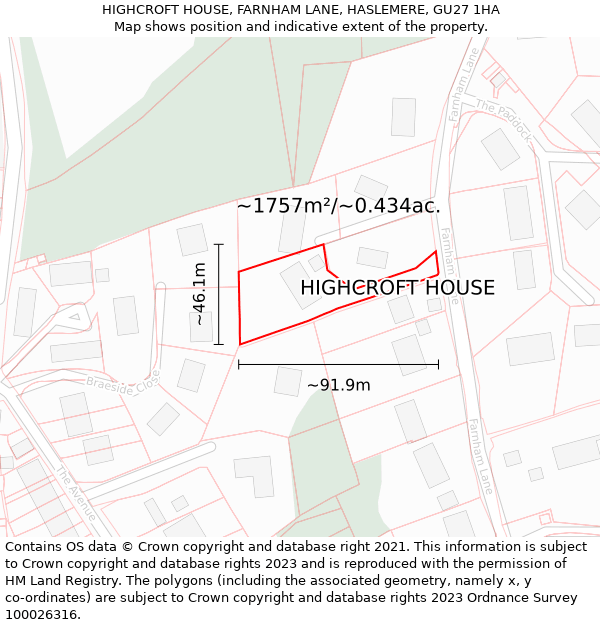 HIGHCROFT HOUSE, FARNHAM LANE, HASLEMERE, GU27 1HA: Plot and title map