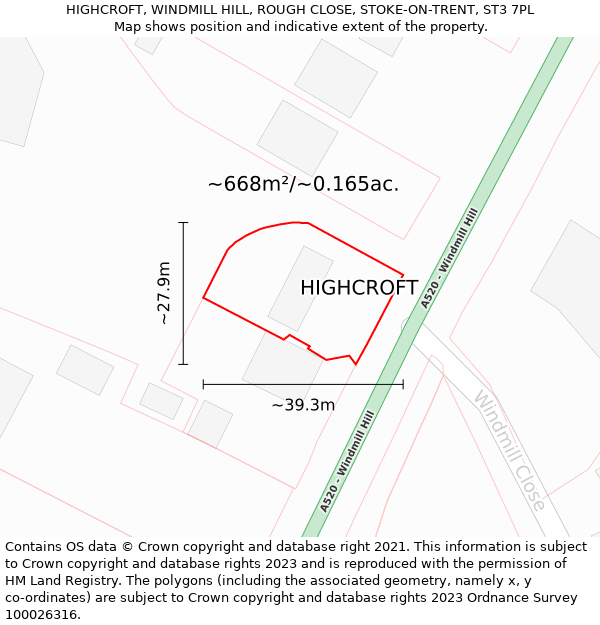 HIGHCROFT, WINDMILL HILL, ROUGH CLOSE, STOKE-ON-TRENT, ST3 7PL: Plot and title map