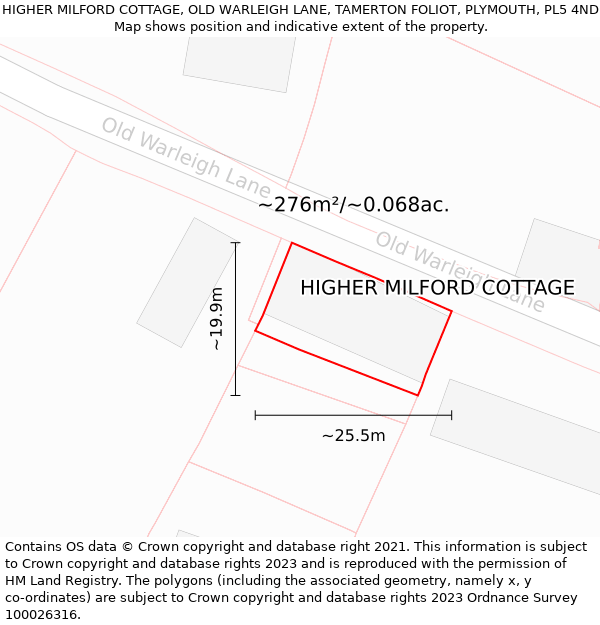 HIGHER MILFORD COTTAGE, OLD WARLEIGH LANE, TAMERTON FOLIOT, PLYMOUTH, PL5 4ND: Plot and title map
