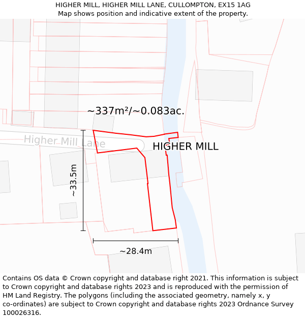 HIGHER MILL, HIGHER MILL LANE, CULLOMPTON, EX15 1AG: Plot and title map