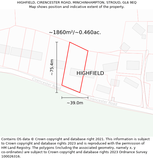 HIGHFIELD, CIRENCESTER ROAD, MINCHINHAMPTON, STROUD, GL6 9EQ: Plot and title map