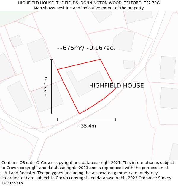 HIGHFIELD HOUSE, THE FIELDS, DONNINGTON WOOD, TELFORD, TF2 7PW: Plot and title map