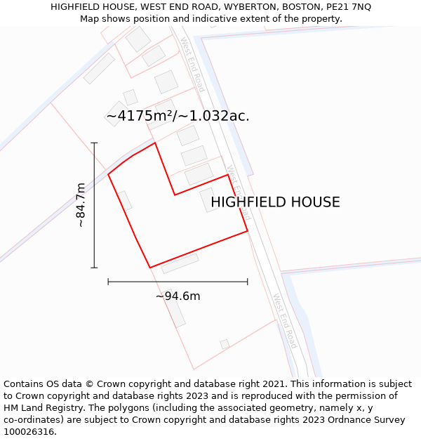 HIGHFIELD HOUSE, WEST END ROAD, WYBERTON, BOSTON, PE21 7NQ: Plot and title map