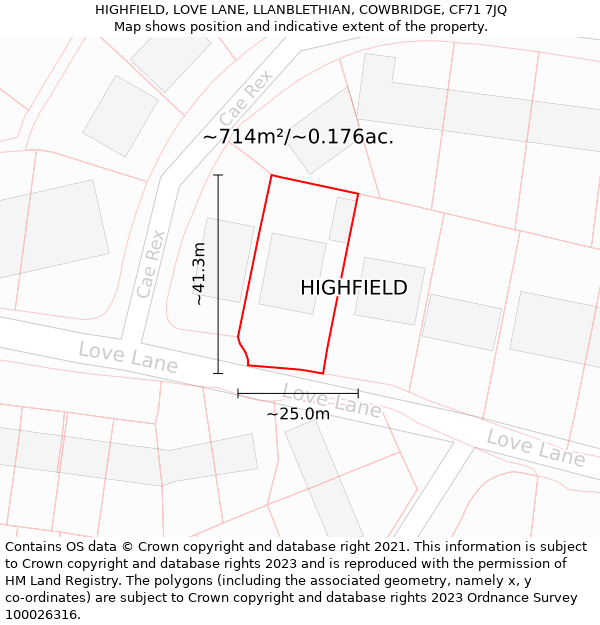 HIGHFIELD, LOVE LANE, LLANBLETHIAN, COWBRIDGE, CF71 7JQ: Plot and title map