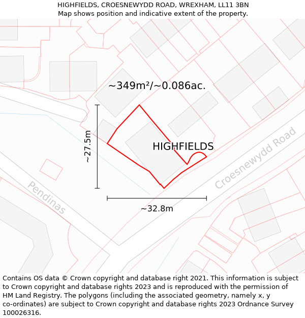 HIGHFIELDS, CROESNEWYDD ROAD, WREXHAM, LL11 3BN: Plot and title map