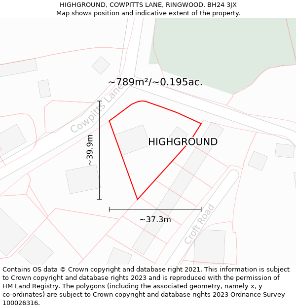 HIGHGROUND, COWPITTS LANE, RINGWOOD, BH24 3JX: Plot and title map