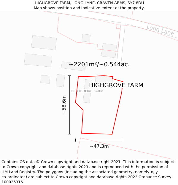 HIGHGROVE FARM, LONG LANE, CRAVEN ARMS, SY7 8DU: Plot and title map