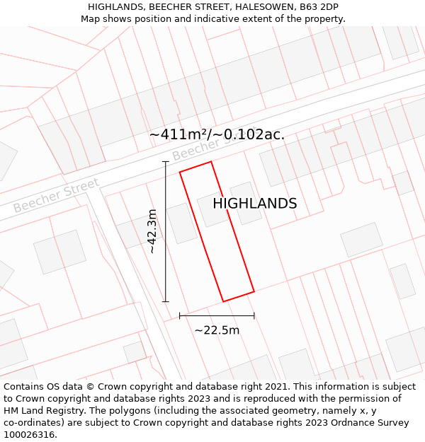 HIGHLANDS, BEECHER STREET, HALESOWEN, B63 2DP: Plot and title map