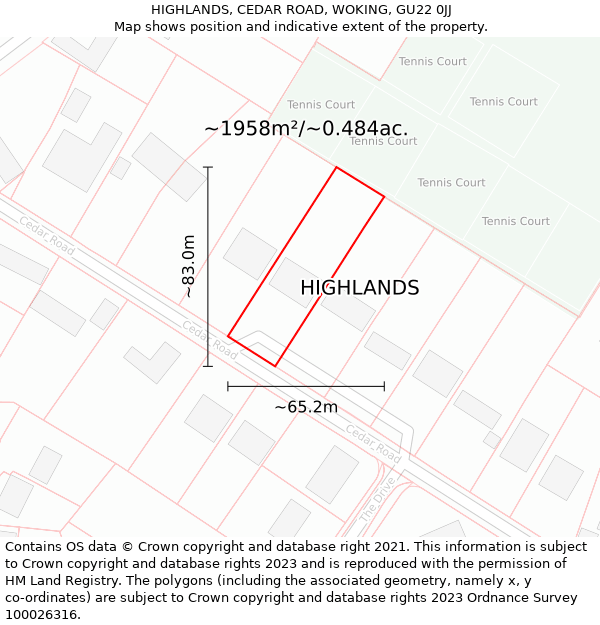 HIGHLANDS, CEDAR ROAD, WOKING, GU22 0JJ: Plot and title map