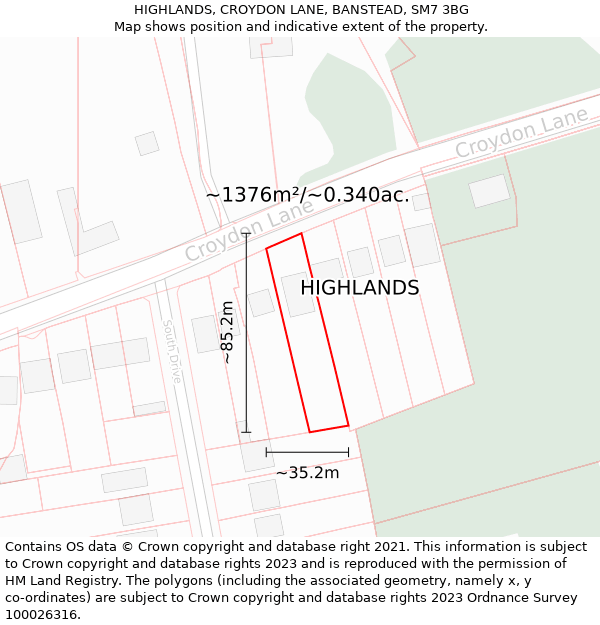 HIGHLANDS, CROYDON LANE, BANSTEAD, SM7 3BG: Plot and title map