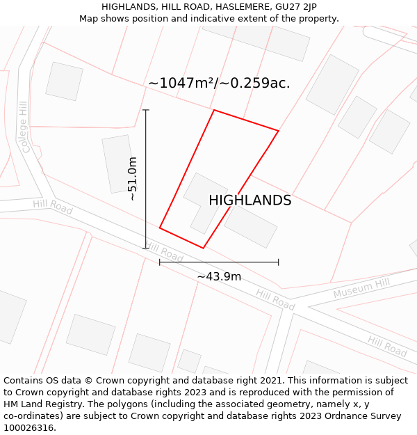 HIGHLANDS, HILL ROAD, HASLEMERE, GU27 2JP: Plot and title map