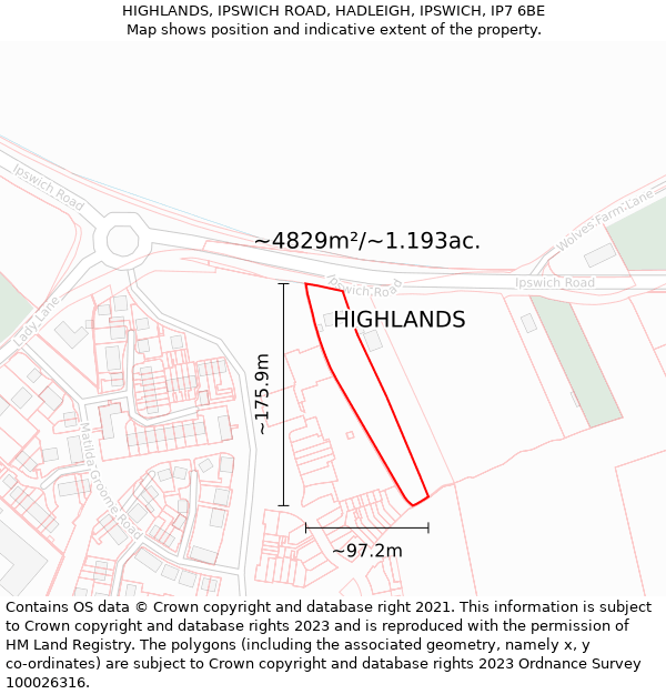 HIGHLANDS, IPSWICH ROAD, HADLEIGH, IPSWICH, IP7 6BE: Plot and title map