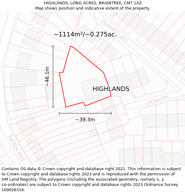 HIGHLANDS, LONG ACRES, BRAINTREE, CM7 1AZ: Plot and title map