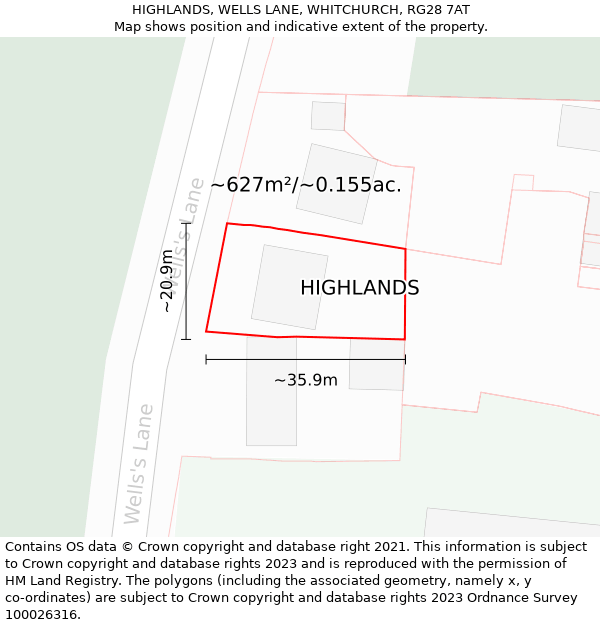HIGHLANDS, WELLS LANE, WHITCHURCH, RG28 7AT: Plot and title map