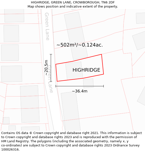 HIGHRIDGE, GREEN LANE, CROWBOROUGH, TN6 2DF: Plot and title map