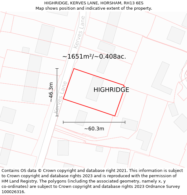 HIGHRIDGE, KERVES LANE, HORSHAM, RH13 6ES: Plot and title map