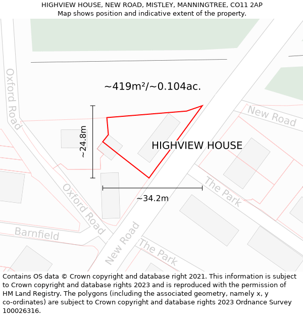 HIGHVIEW HOUSE, NEW ROAD, MISTLEY, MANNINGTREE, CO11 2AP: Plot and title map