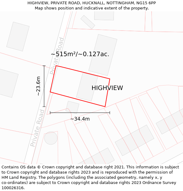 HIGHVIEW, PRIVATE ROAD, HUCKNALL, NOTTINGHAM, NG15 6PP: Plot and title map