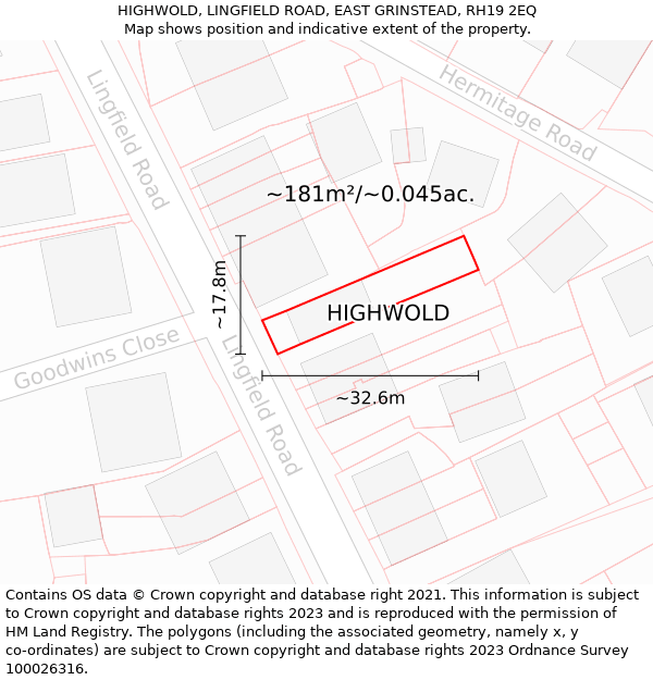 HIGHWOLD, LINGFIELD ROAD, EAST GRINSTEAD, RH19 2EQ: Plot and title map