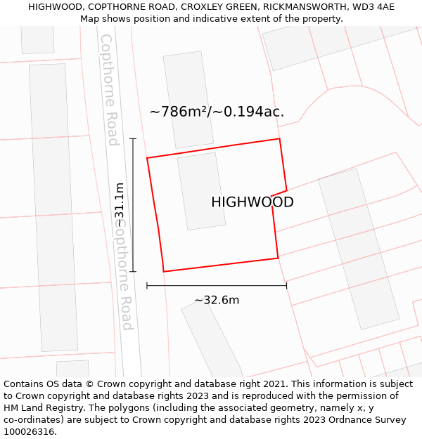 HIGHWOOD, COPTHORNE ROAD, CROXLEY GREEN, RICKMANSWORTH, WD3 4AE: Plot and title map