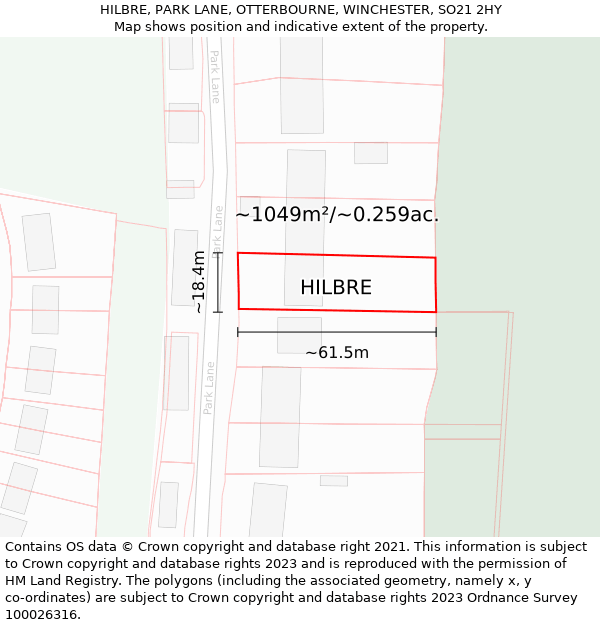 HILBRE, PARK LANE, OTTERBOURNE, WINCHESTER, SO21 2HY: Plot and title map