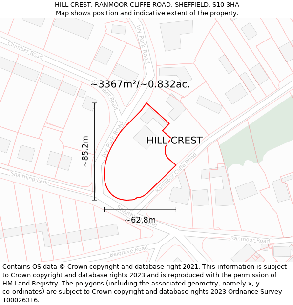 HILL CREST, RANMOOR CLIFFE ROAD, SHEFFIELD, S10 3HA: Plot and title map