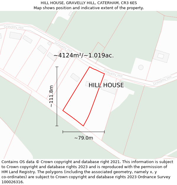 HILL HOUSE, GRAVELLY HILL, CATERHAM, CR3 6ES: Plot and title map