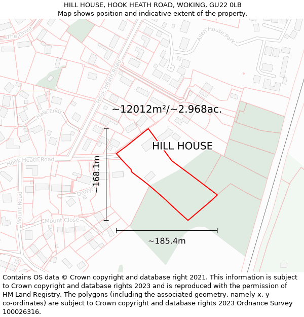 HILL HOUSE, HOOK HEATH ROAD, WOKING, GU22 0LB: Plot and title map