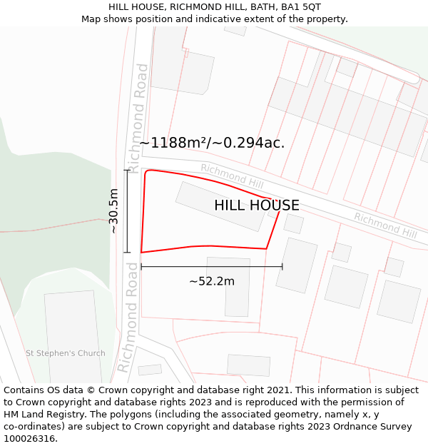 HILL HOUSE, RICHMOND HILL, BATH, BA1 5QT: Plot and title map