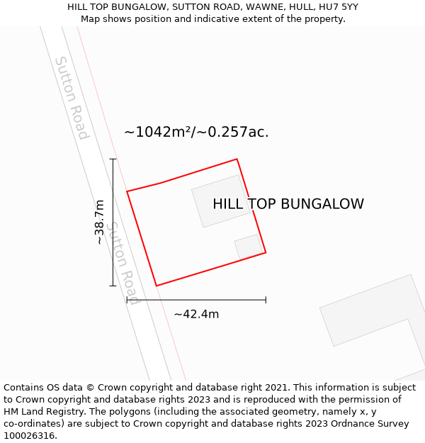 HILL TOP BUNGALOW, SUTTON ROAD, WAWNE, HULL, HU7 5YY: Plot and title map