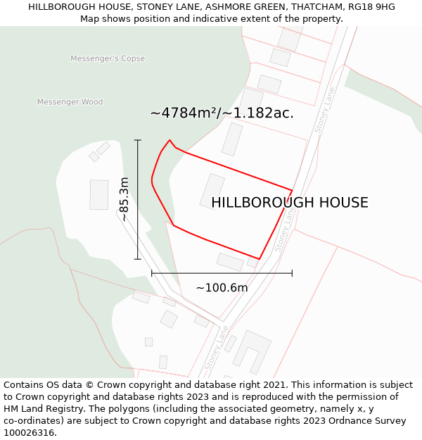 HILLBOROUGH HOUSE, STONEY LANE, ASHMORE GREEN, THATCHAM, RG18 9HG: Plot and title map