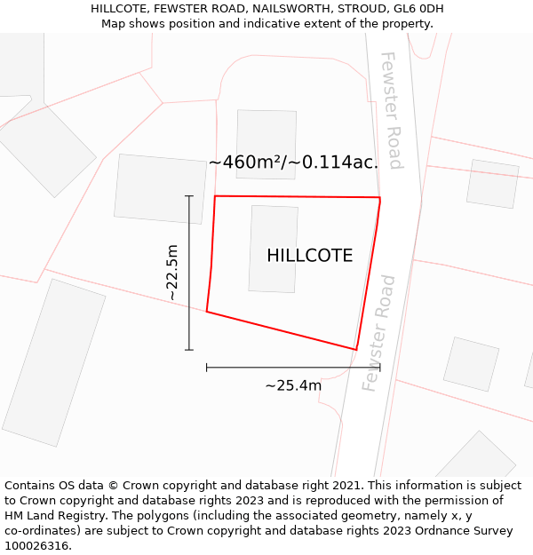 HILLCOTE, FEWSTER ROAD, NAILSWORTH, STROUD, GL6 0DH: Plot and title map