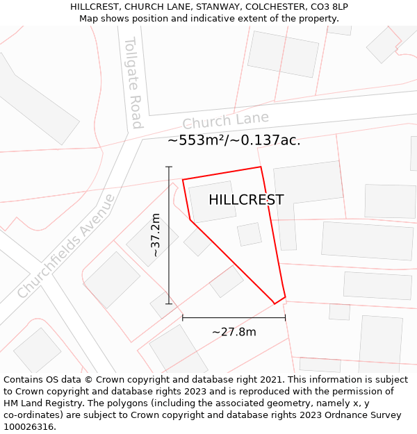 HILLCREST, CHURCH LANE, STANWAY, COLCHESTER, CO3 8LP: Plot and title map
