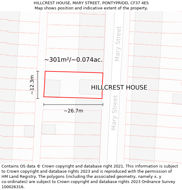 HILLCREST HOUSE, MARY STREET, PONTYPRIDD, CF37 4ES: Plot and title map