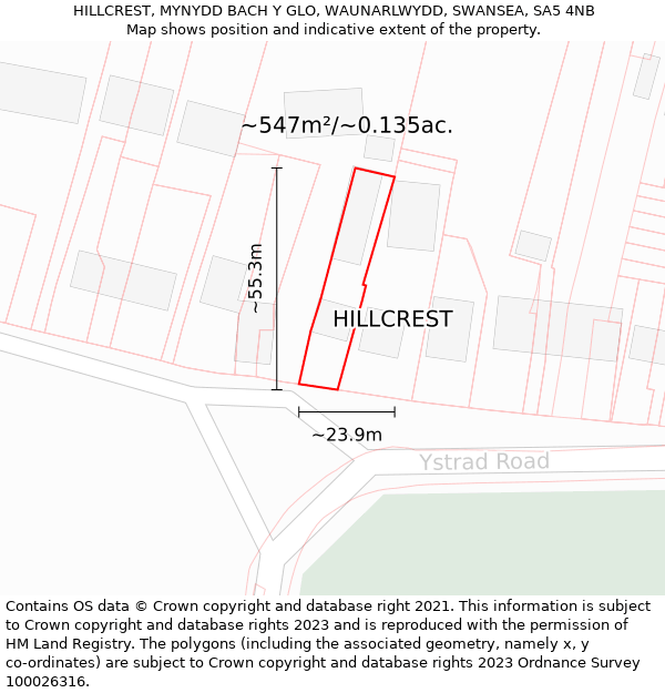 HILLCREST, MYNYDD BACH Y GLO, WAUNARLWYDD, SWANSEA, SA5 4NB: Plot and title map