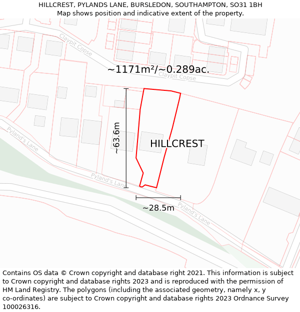 HILLCREST, PYLANDS LANE, BURSLEDON, SOUTHAMPTON, SO31 1BH: Plot and title map