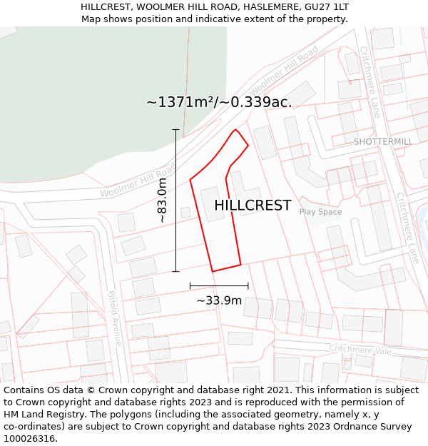 HILLCREST, WOOLMER HILL ROAD, HASLEMERE, GU27 1LT: Plot and title map