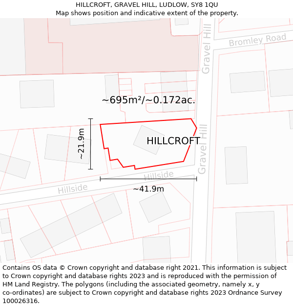 HILLCROFT, GRAVEL HILL, LUDLOW, SY8 1QU: Plot and title map