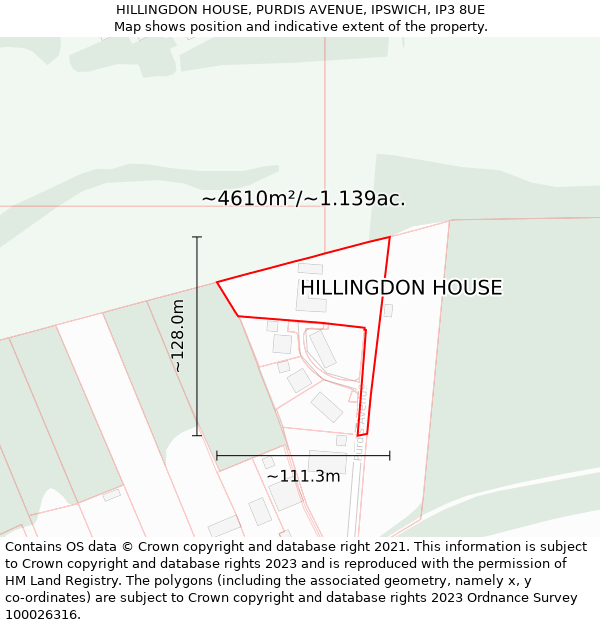 HILLINGDON HOUSE, PURDIS AVENUE, IPSWICH, IP3 8UE: Plot and title map