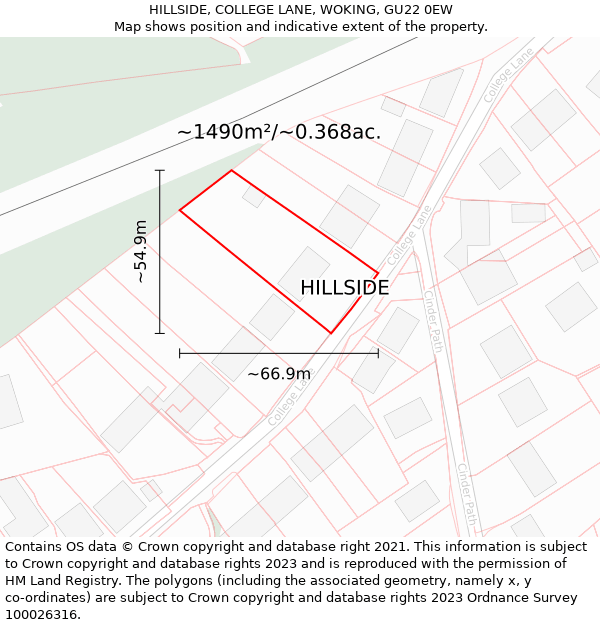 HILLSIDE, COLLEGE LANE, WOKING, GU22 0EW: Plot and title map