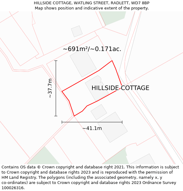 HILLSIDE COTTAGE, WATLING STREET, RADLETT, WD7 8BP: Plot and title map