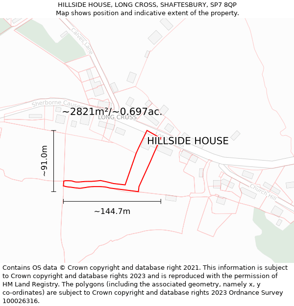 HILLSIDE HOUSE, LONG CROSS, SHAFTESBURY, SP7 8QP: Plot and title map