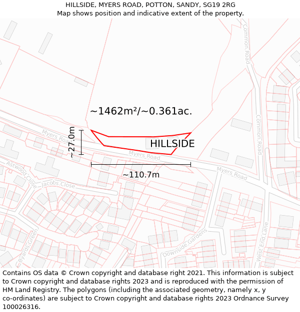 HILLSIDE, MYERS ROAD, POTTON, SANDY, SG19 2RG: Plot and title map