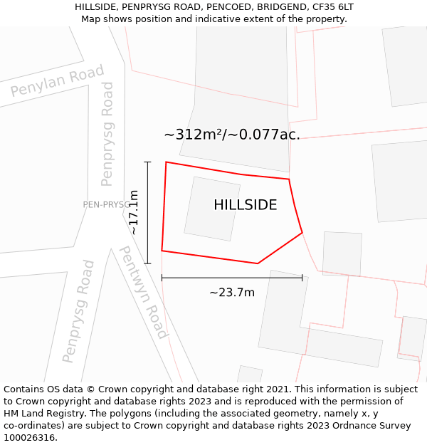 HILLSIDE, PENPRYSG ROAD, PENCOED, BRIDGEND, CF35 6LT: Plot and title map