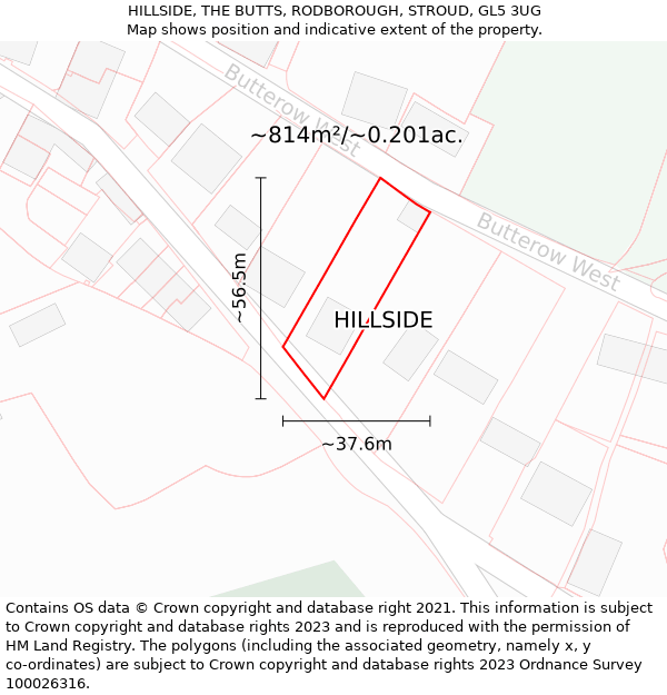 HILLSIDE, THE BUTTS, RODBOROUGH, STROUD, GL5 3UG: Plot and title map