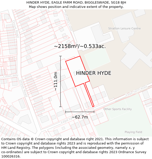 HINDER HYDE, EAGLE FARM ROAD, BIGGLESWADE, SG18 8JH: Plot and title map