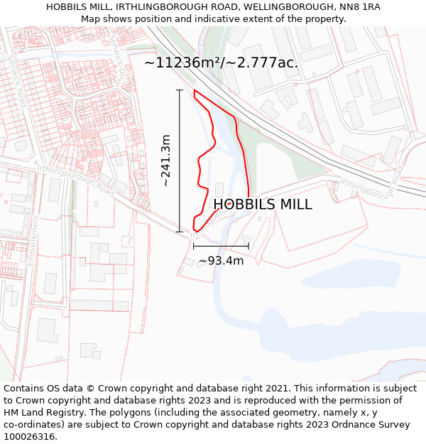 HOBBILS MILL, IRTHLINGBOROUGH ROAD, WELLINGBOROUGH, NN8 1RA: Plot and title map