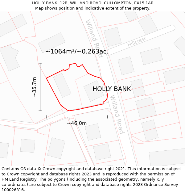 HOLLY BANK, 12B, WILLAND ROAD, CULLOMPTON, EX15 1AP: Plot and title map