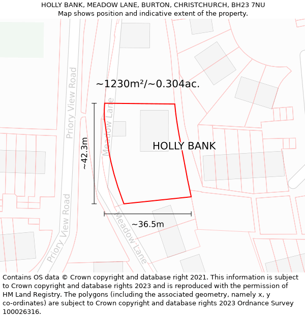 HOLLY BANK, MEADOW LANE, BURTON, CHRISTCHURCH, BH23 7NU: Plot and title map